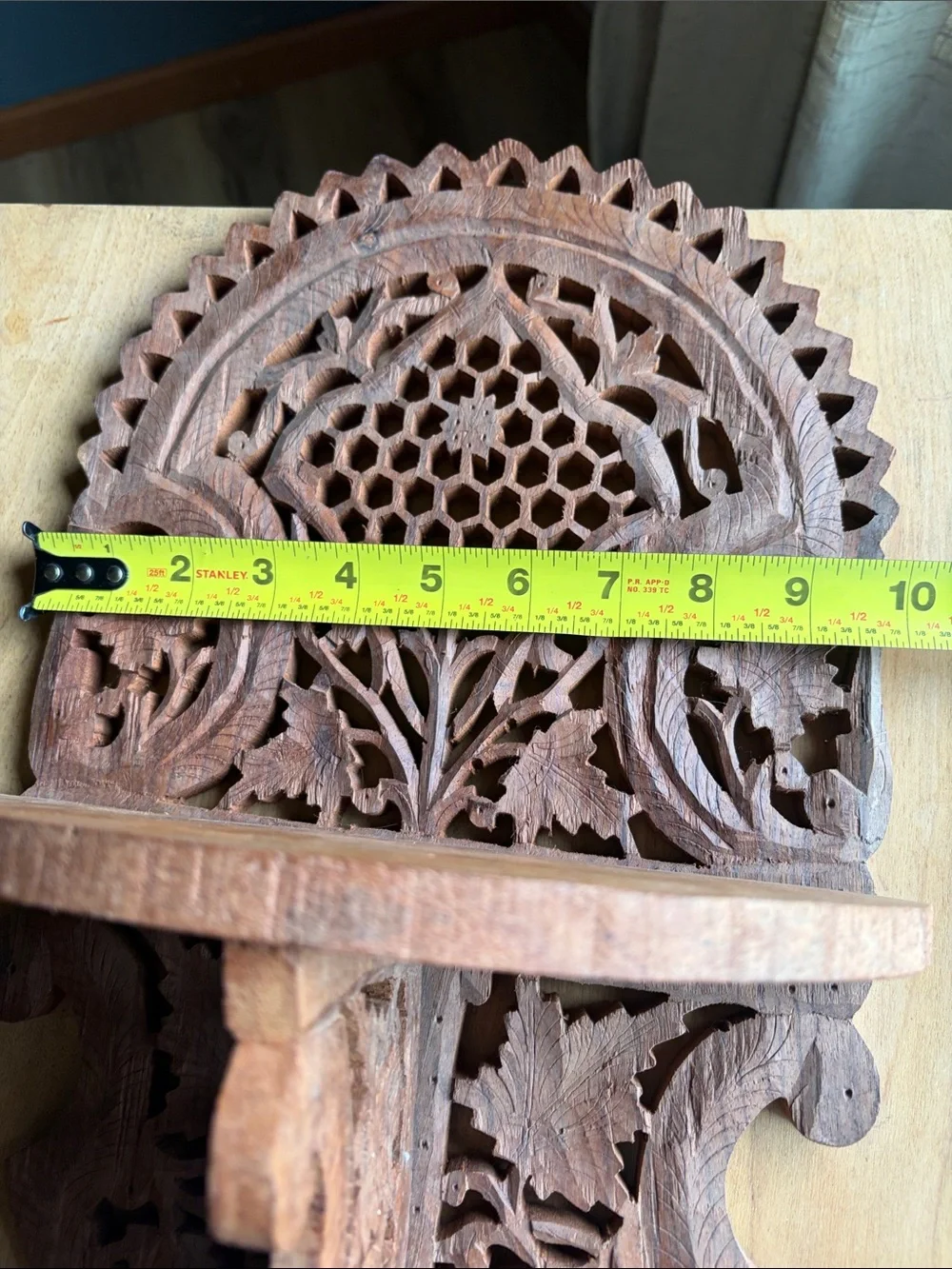 Hand-Carved Brown Wooden Wall Shelf